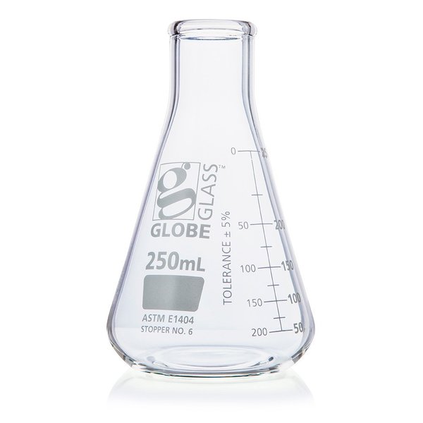 Globe Scientific Flask, Erlenmeyer, Globe Glass, 250mL, Narrow Mouth, Dual Graduations, ASTM E1404, 12/Box 8400250